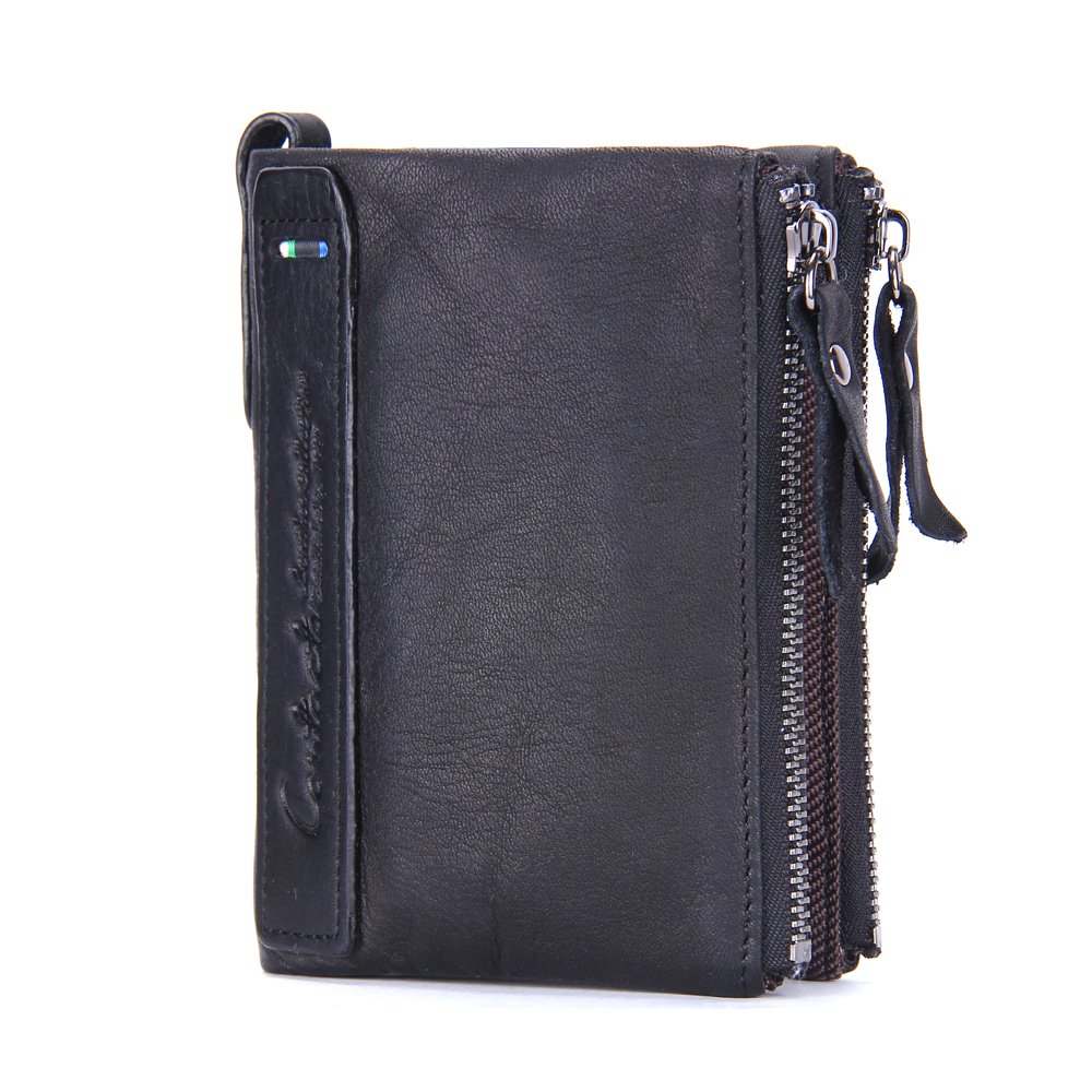 Contacts Mens Genuine Leather Bifold Double Zipper Coin Pocket Purse Wallet Black(Size: one size)