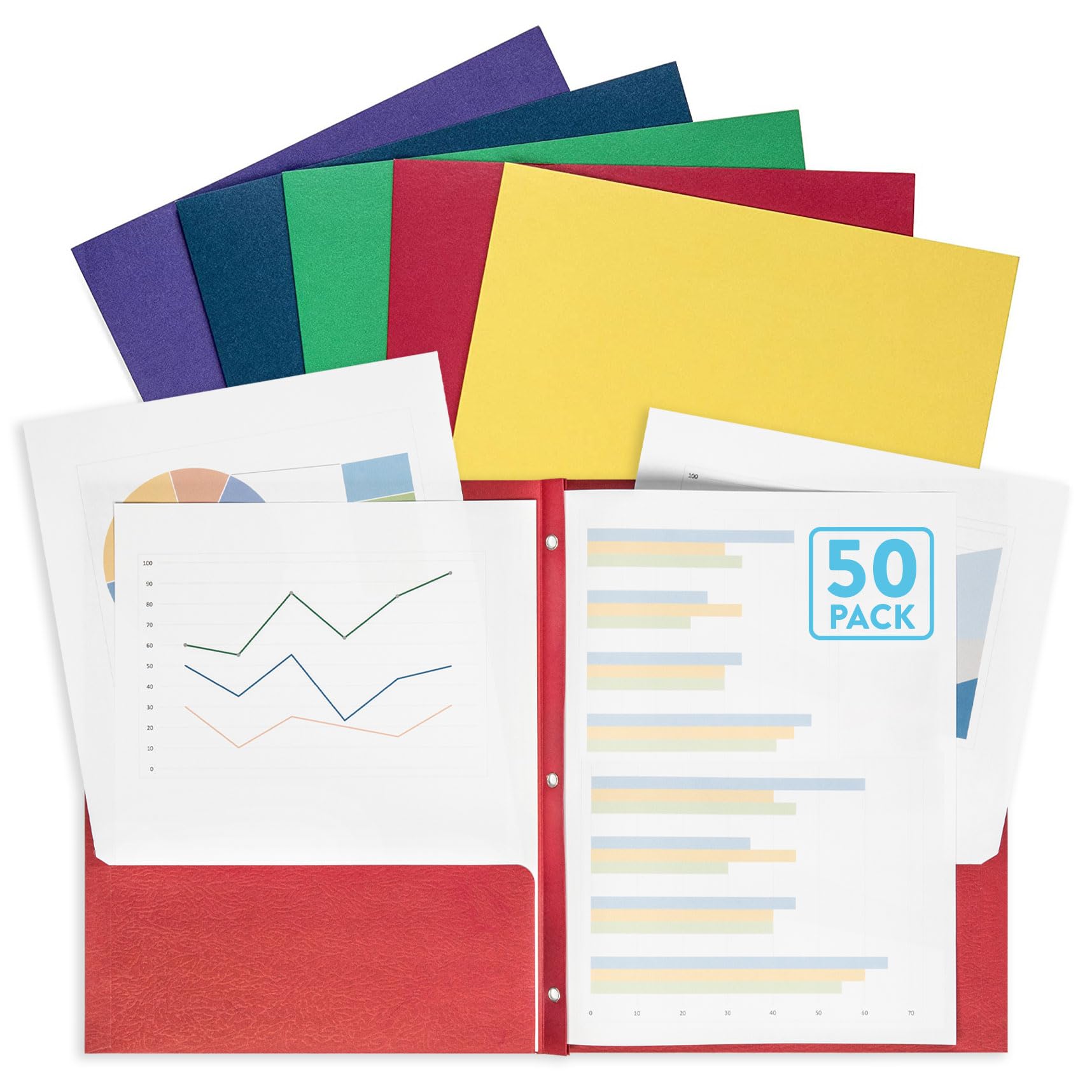 Photo 1 of Blue Summit Supplies 50 Two Pocket Folders with Prongs Bulk, 3 Prong Folders with Pockets Bulk, Paper 2 Pocket, Designed for Office and Classroom Use, Assorted 5 Colors