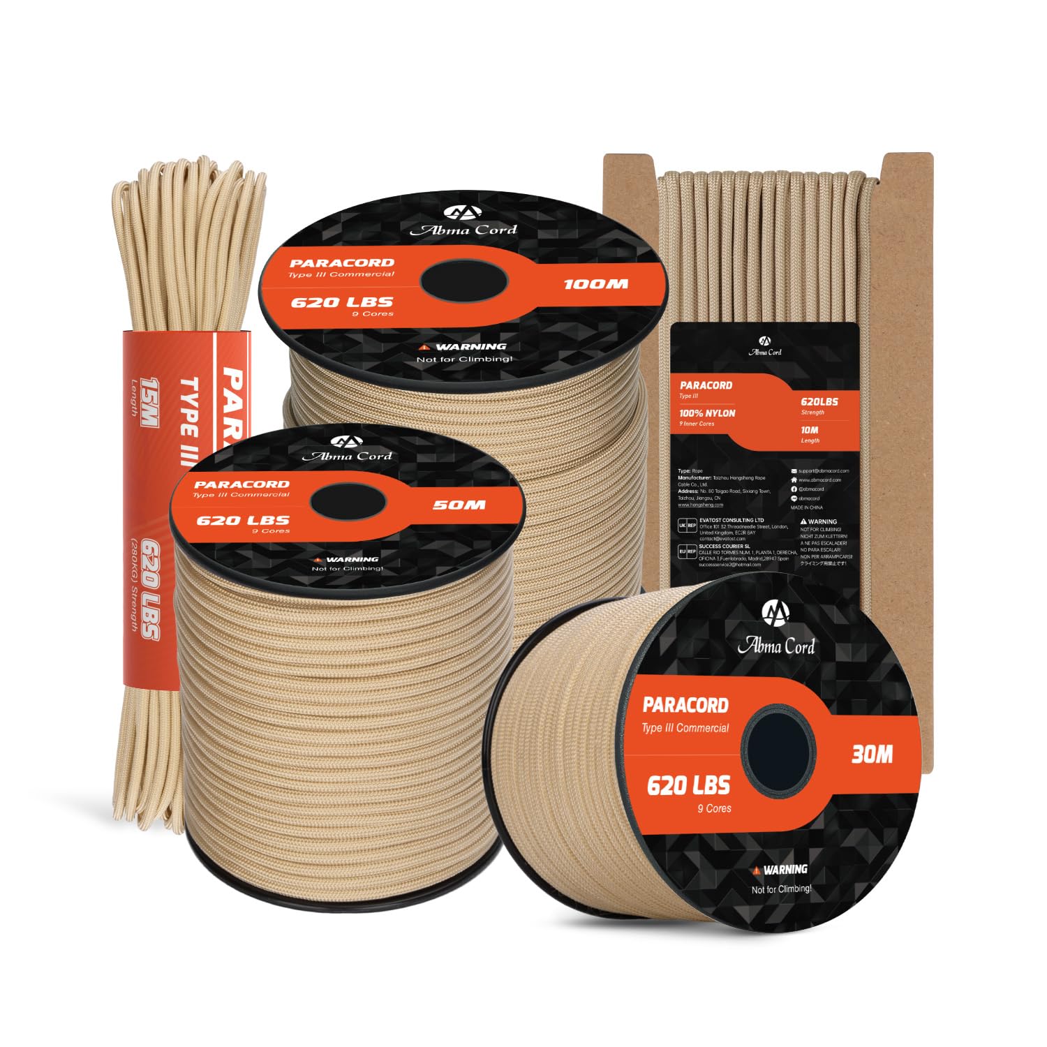 Abma Cord Paracord 4mm 15m 100% Nylon Rope 9 Strands Type III Parachute Cord for DIY, Camping, Survival, Outdoor - Max. 280kg - Khaki