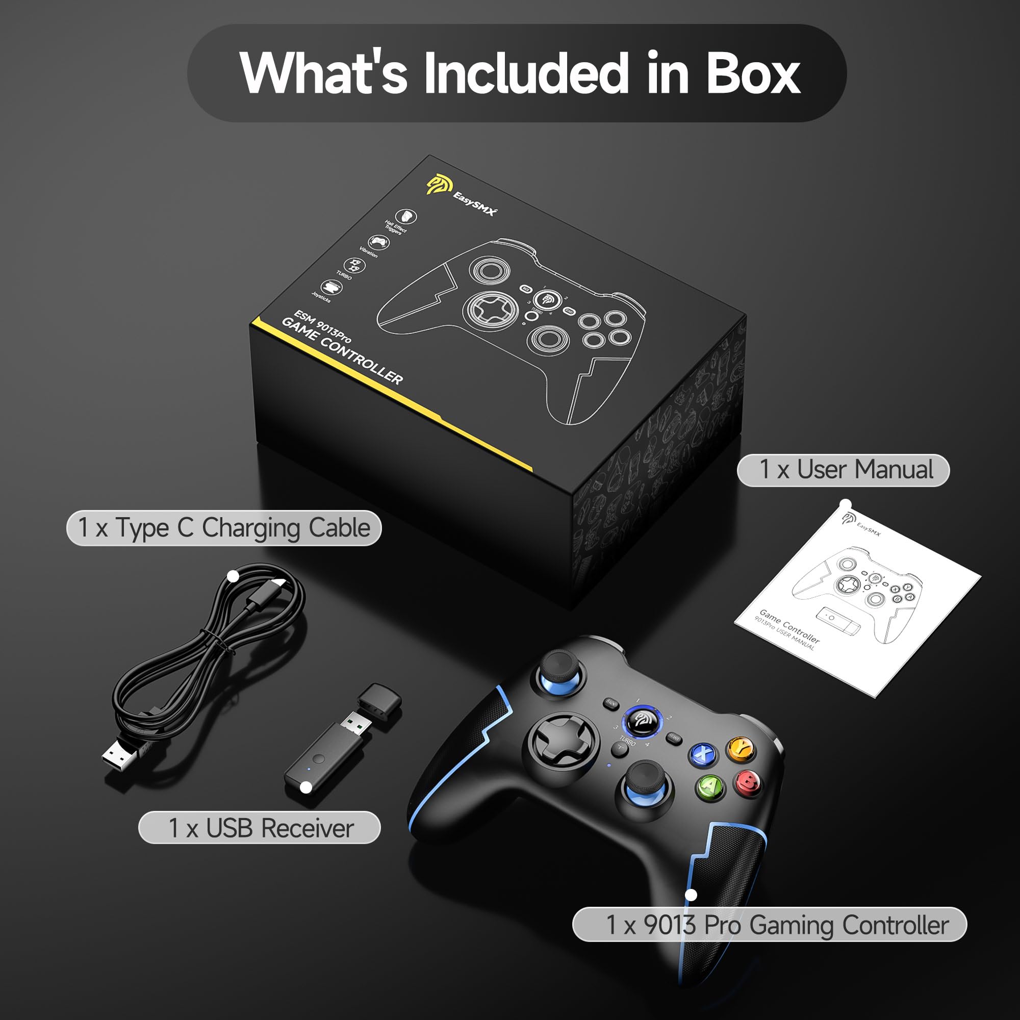 EasySMX 9013Pro Wireless Controller for Windows PC/PS3/Android Phone&Tablet&TV BOX/iPhone/iPad/Switch/Stesm Deck/Tesla, Bluetooth Controller Gamepad with Hall Effect Triggers-Comfort for Big Hand