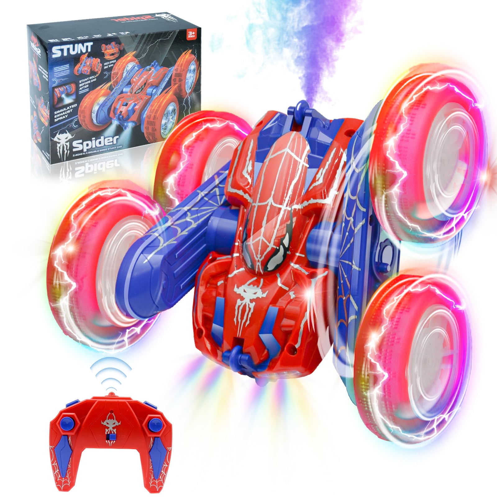 Spider Remote Control Car with Spray Effect & LED Cool Lights, 360°Double Sided 2.4GHz 4WD All Terrain RC Stunt Car for Kids Toys - Monster Truck Toy Gifts for 3+ Year Old Boys Girls Birthday (Red)