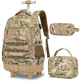 ACESAK 3PCS Camo Rolling Backpack for Boys with Lunch Box Pencil Case | Camo Backpack with Wheels for Boys Tactical Military Kids Suitcase for Teens Elementary Middle High School (Camo Khaki)