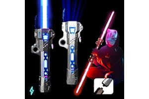 NIZHOME 2 Pack Lightsaber for Kids, RGB 7 Color Rechargeable Star War Light Up Saber with FX Sound & Charging Cable, Retractable Light Swords for Party Costume Fighters & Warriors Easter Gifts Black & Silver