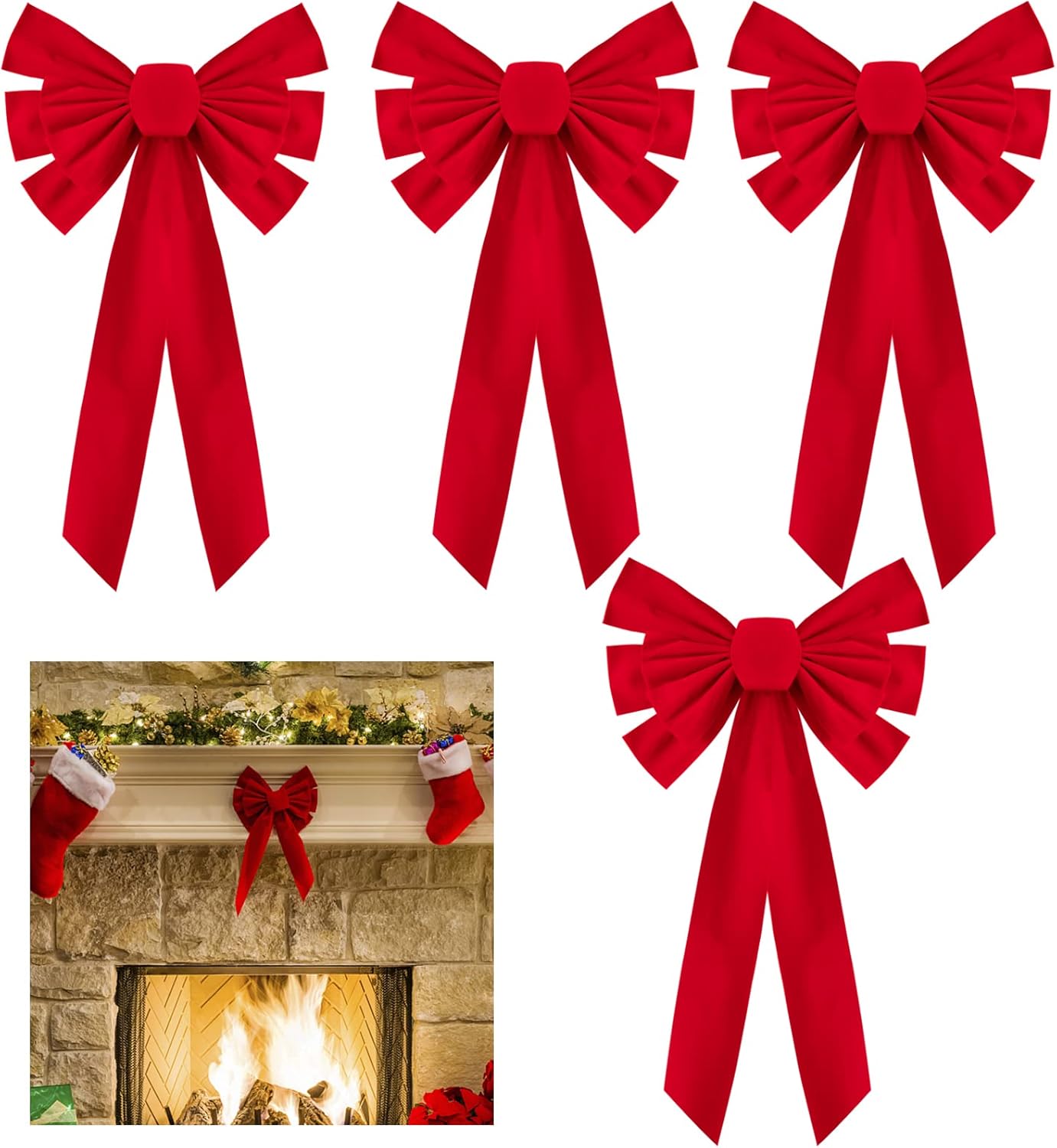 Bows & Ribbons - 4 Pcs 21 × 9 in Christmas Red Wreath Bows - Large Velvet Red Bows Hand Tied Easy Hanging for Holiday Tree Door Gifts Indoor and Outdoor Decoration Party Supplies
