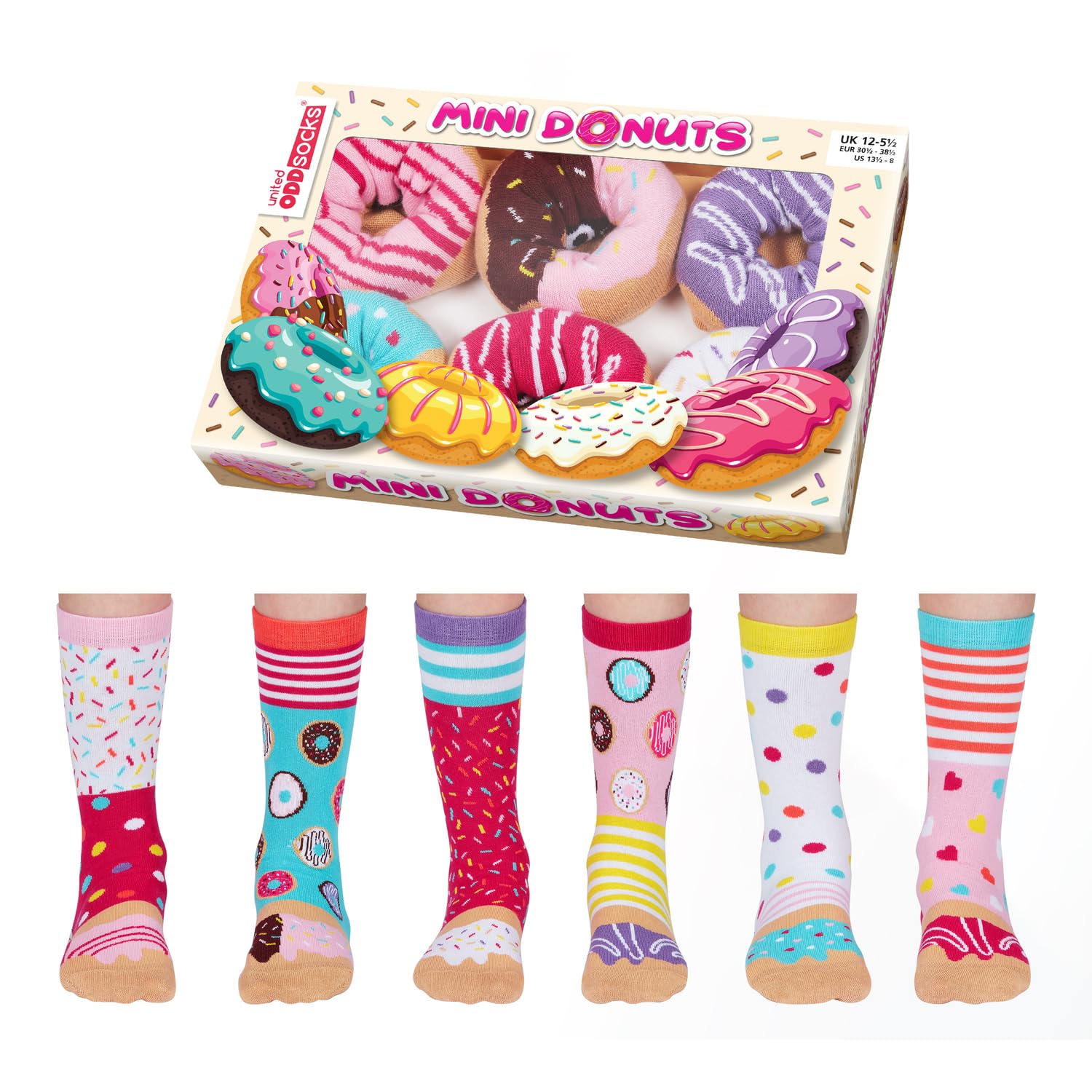 United Oddsocks Mini Donuts Gift Box – 6 Colourful Kids’ Odd Socks for Donut Lovers – UK 12-5.5 EUR 30-38 US 13.5-8 – Sweet Treat-Themed Socks – Mix and Match – Fun & Cotton Rich Crew Set Gift