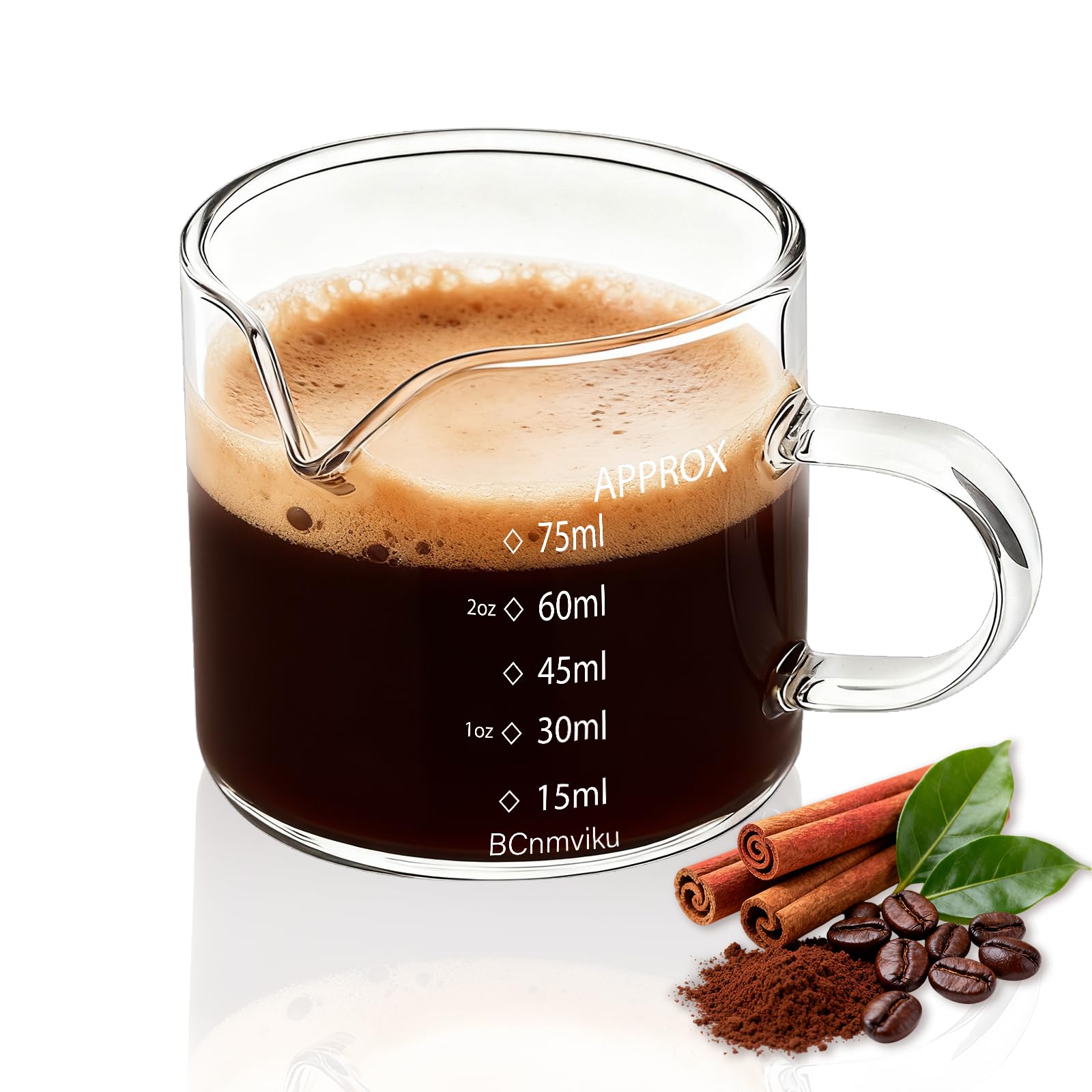 BCnmviku 75ml Espresso Shot Glass,V-Shaped Pouring Spout Glass Measuring Cup,Espresso Cup for Coffee, Cappuccino,Latte,Wine (1)