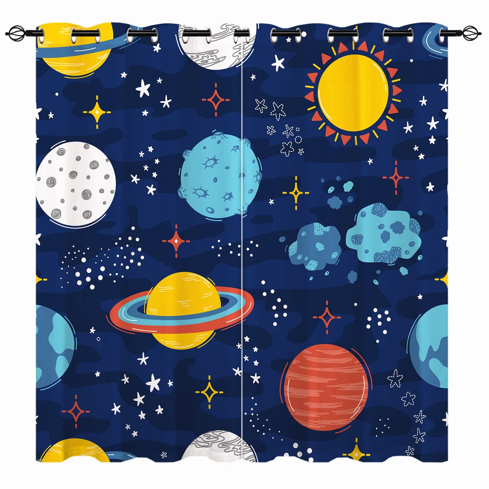 YUANZU Space Curtains - Kids Boys Planet Doodle Solar System Sun Meteorite Stars Print Pattern Eyelet Blackout Thermal Insulated & Room Darkening Window Drapes for Bedroom 2 Panels W75cm x D166cm