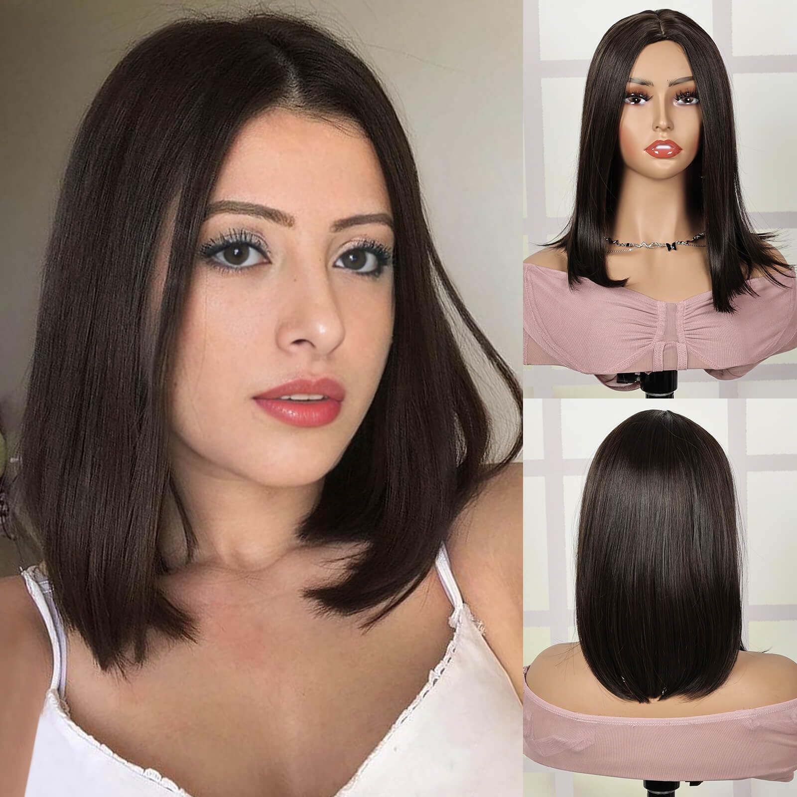 Creamily 14 Inch Shoulder Length Dark Brown Straight Bob Wigs Synthetic Medium Length Bob Hair Replacement Wig Halloween Costume Wigs for Women
