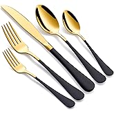 Onlycooker 20-Piece Gold Silverware Set 18/0 Stainless Steel Flatware Black Handle Cutlery Set Service for 4 Dinner Knives Forks Spoons Set Mirror Finish Dishwasher Safe