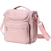 Large Toiletry Bag for Women, Hanging Leather Travel Makeup Bag with 360° Hook and Shoulder Strap, Travel Organizer for Full Sized Container, Toiletries, Brushes (Pink)