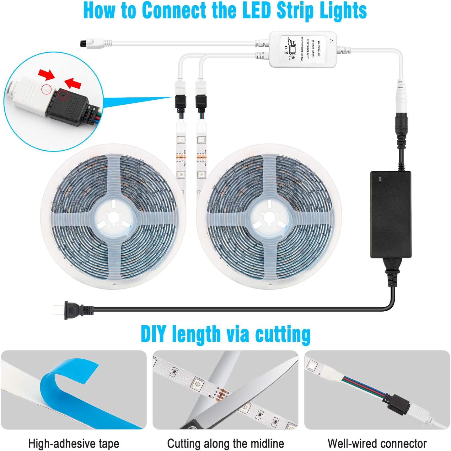 MUMUXI LED Strip Lights, 32.8ft Color Changing Led Light Strip 5050 RGB 300 LEDs Flexible LED Tape Light Kit with 44 Keys Remote Control and 12V Power Supply for Room, Bedroom, Bar, Home, Kitchen: Home Improvement