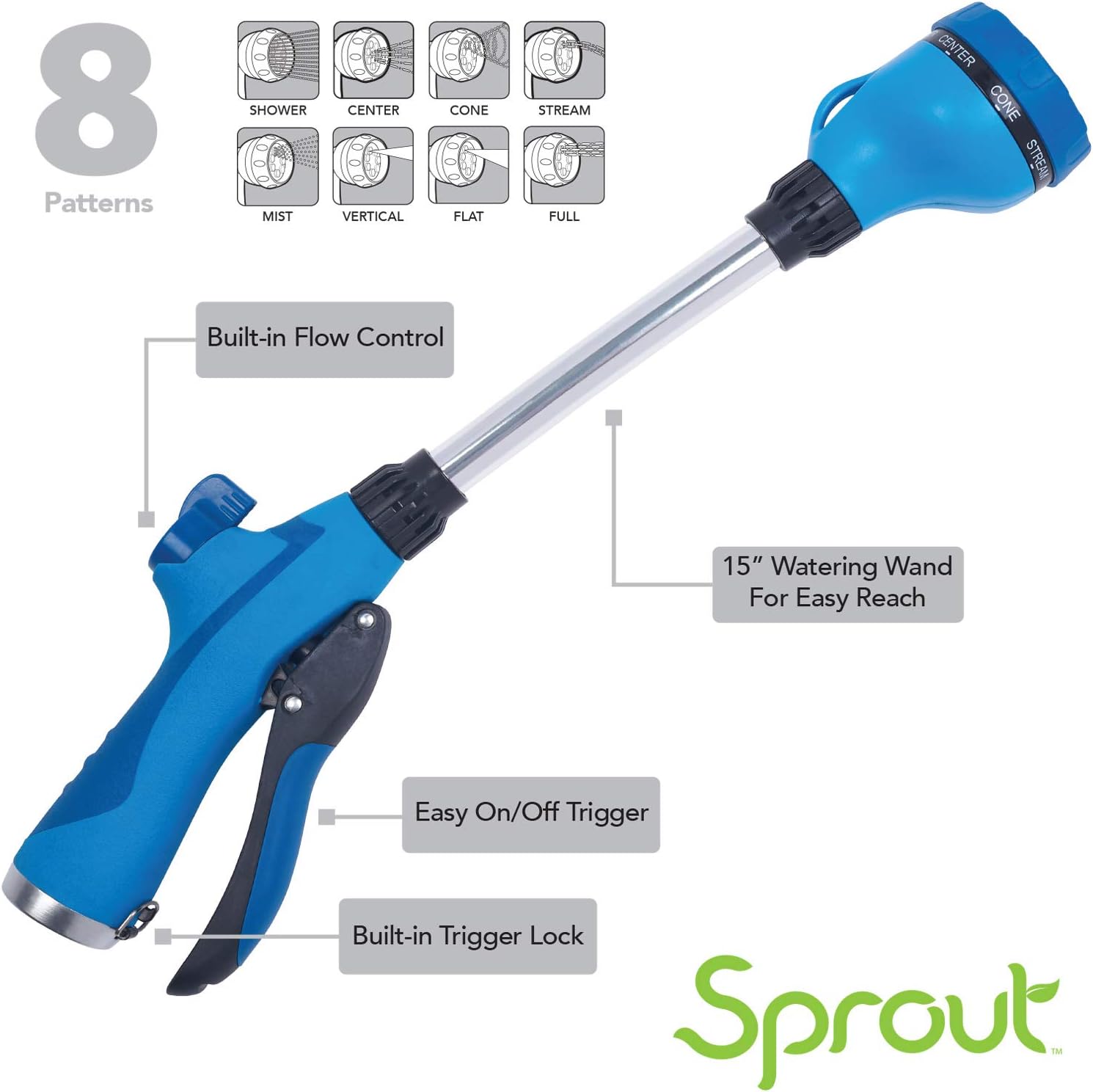 Sprout 65105-AMZ 8-Pattern 15" Watering Wand and QuickConnect Product Adapter  Bundle, Blueberry Blue: Garden & Outdoor