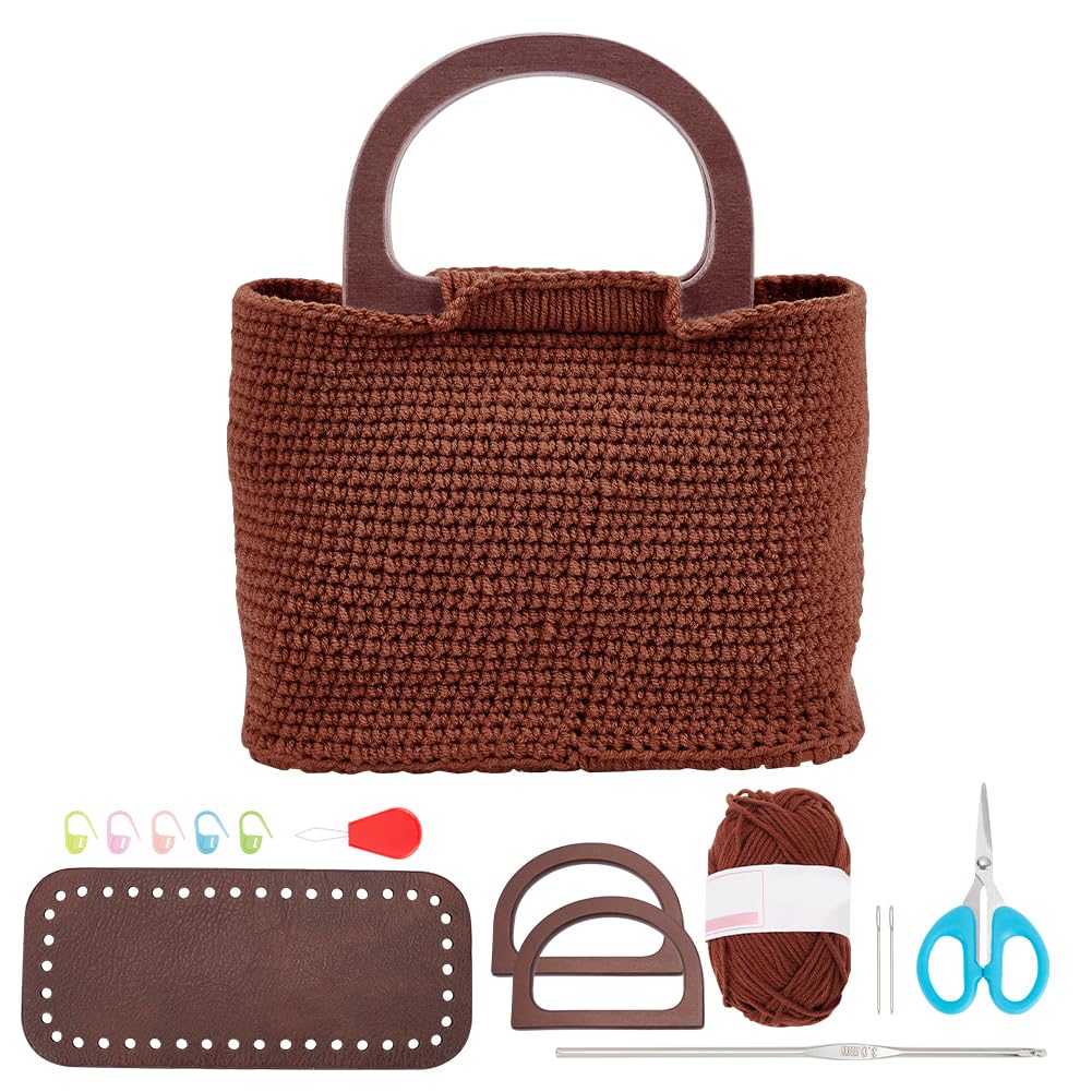 FREEBLOSS Crochet Kit for Beginners Handmade Knitting Bag Includes Wooden Handle Yarn Hooks Crochet Tote Bag Knitting Kit for Adults Handbag Making Supplies for Gift