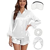MORFORU Bride Bridal Pajama Set Silk Bridesmaid Pajamas with Feather Trim Long Sleeve Satin Silky Pj Lounge Set