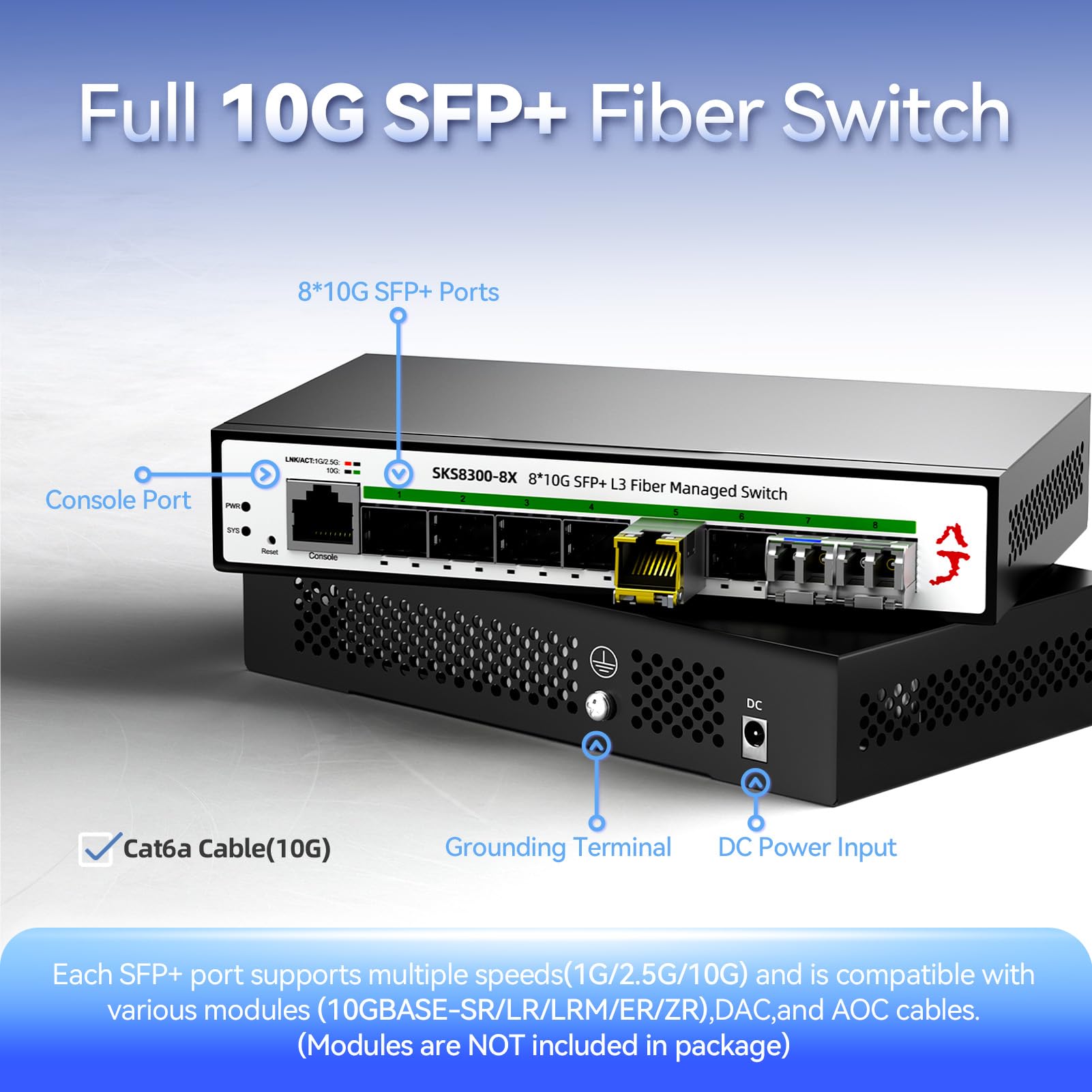 XikeStor Switch Gestito 8 Porte 10G SFP+ L3 – VLAN, QoS, Link Aggregation E Raffreddamento A Ventola PWM