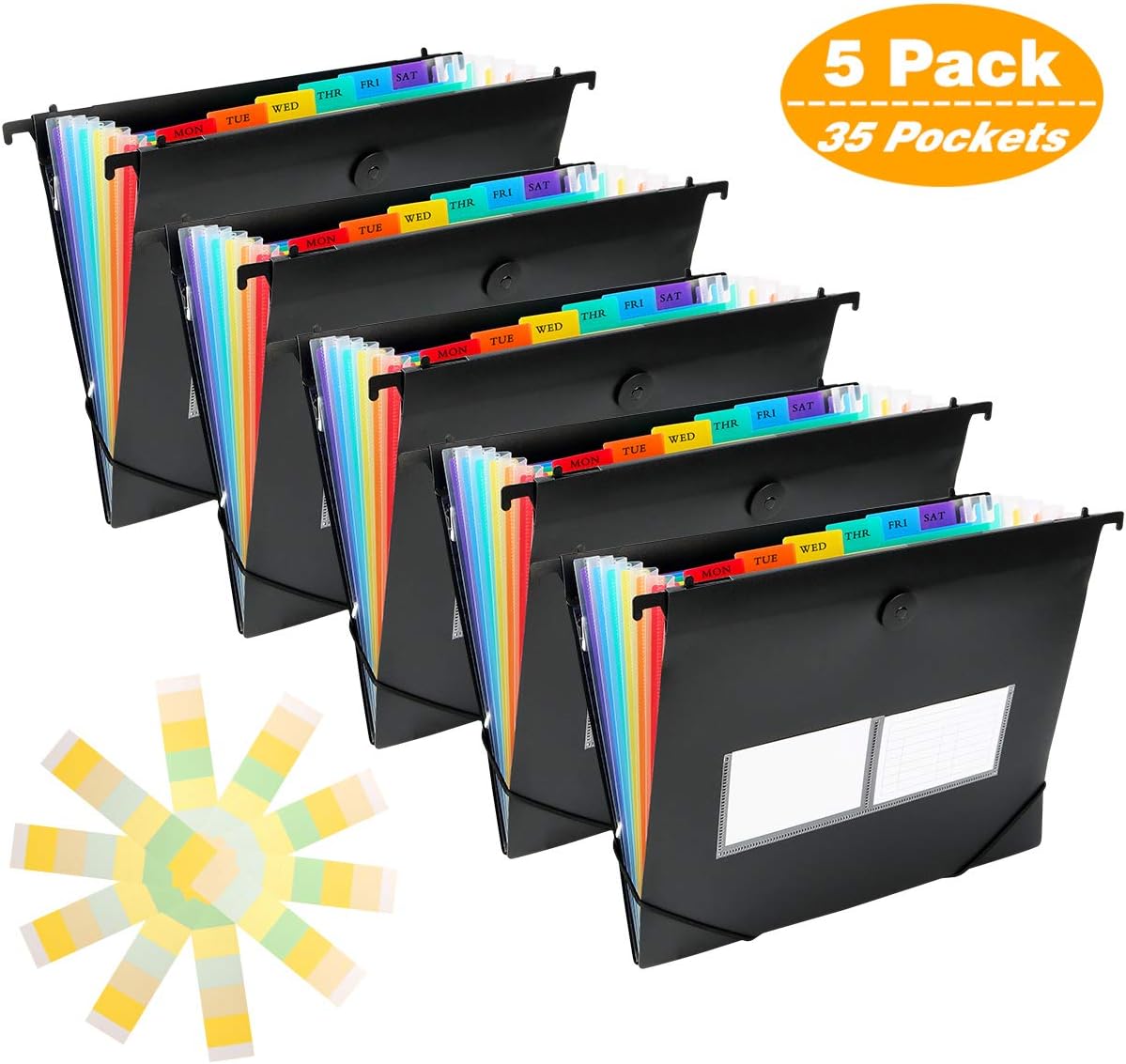 ThinkTex Plastic Expanding Hanging File Folders, 7 Innovative 1.2/'' Accordian Pockets, Large Capacity, Multi-Color Tabs, Letter Size for Filing Cabinet - Black-6 pack
