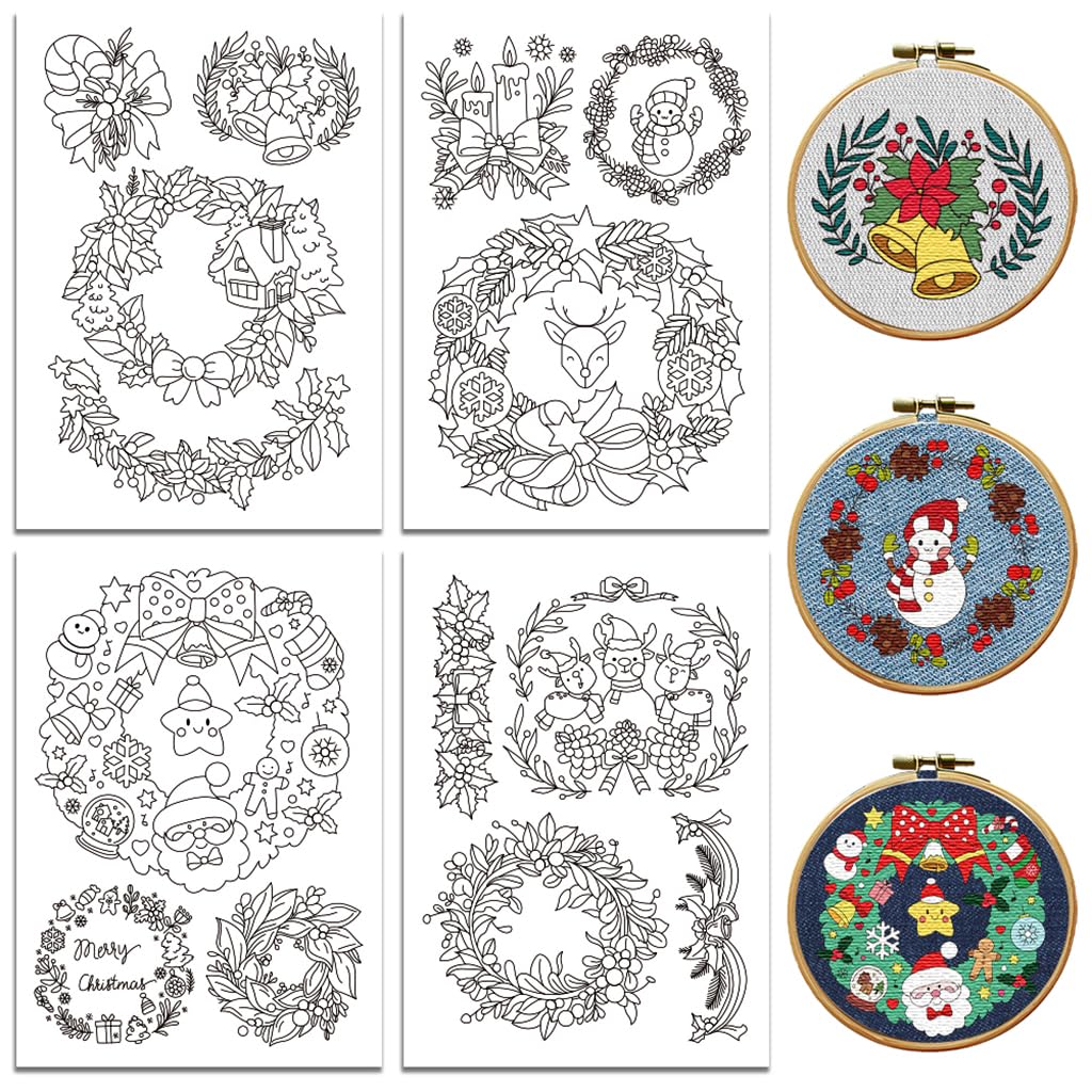 peacoblue Water Soluble Embroidery Patterns for Beginners 4 Sheets Christmas Flower Wreath with 14pcs Patterns, Wash Away Stick and Stitch Dissolvable Embroidery Paper for Hand Sewing Lovers — image 1