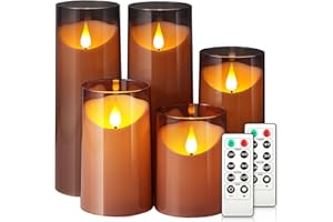 NURADA Flickering Flameless Candles: Acrylic LED Pillar Candles Battery Operated with Remote and Timer Imitation Glass Candle for Home Table Bathroom Decor, Gray, Pack of 5 (D 3"×H 4" 5" 6" 8" 8")