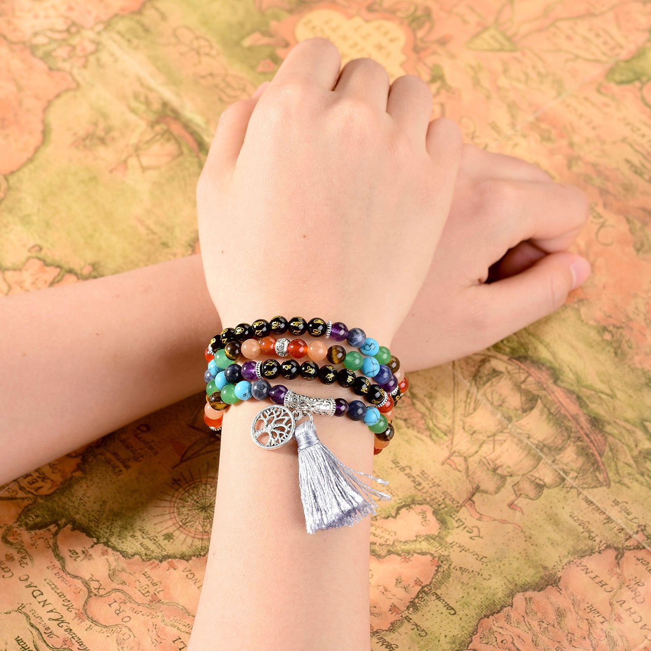 MANIFO 7 Chakra Buddhist Prayer Mala Beads Mantra Om Mani Padme Hum 108 Meditation Healing Multilayer Bracelet/Necklace Tree Life Pendant Tassel Charm