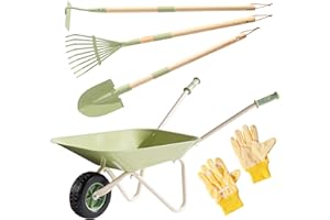 ROBUD Kids Wheelbarrow Set, Green Metal Toddler Wheelbarrow with Shovel, Hoe, Broom & Gloves, Kid Gardening Set for Kid to be