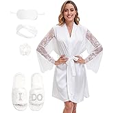EPLAZA 5Pcs Bride Robe for Wedding Day Set Bridal Robe with Eye Mask Lace Sleeve Wedding Robe for Bridal Bachelor Party