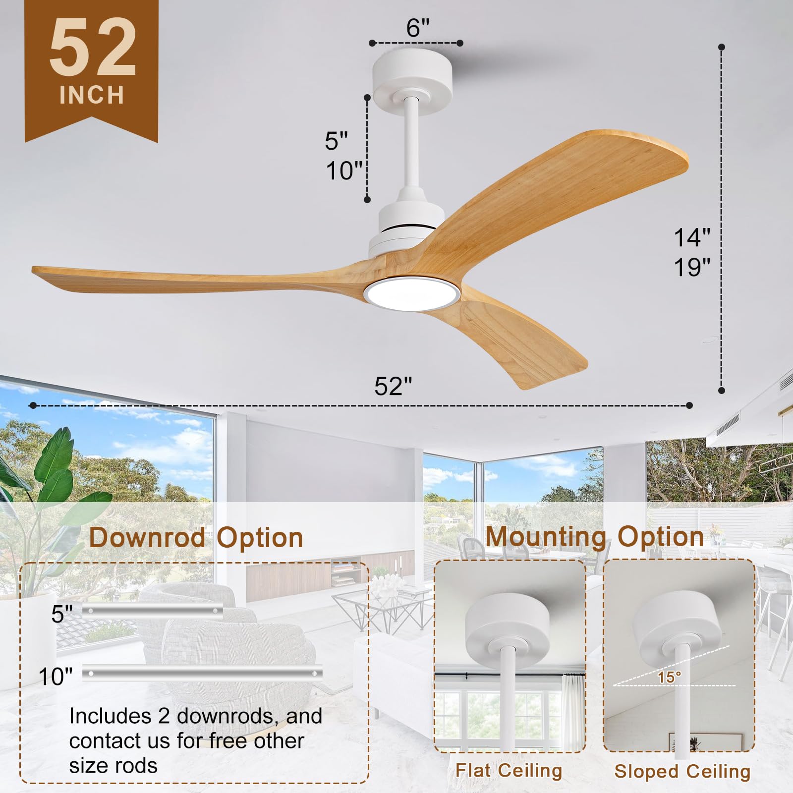 Condition photo showing New/Like New for omyu ceiling fan with light 52 inch,remote control,wall switch,solid wood blades,dimmable,reversible