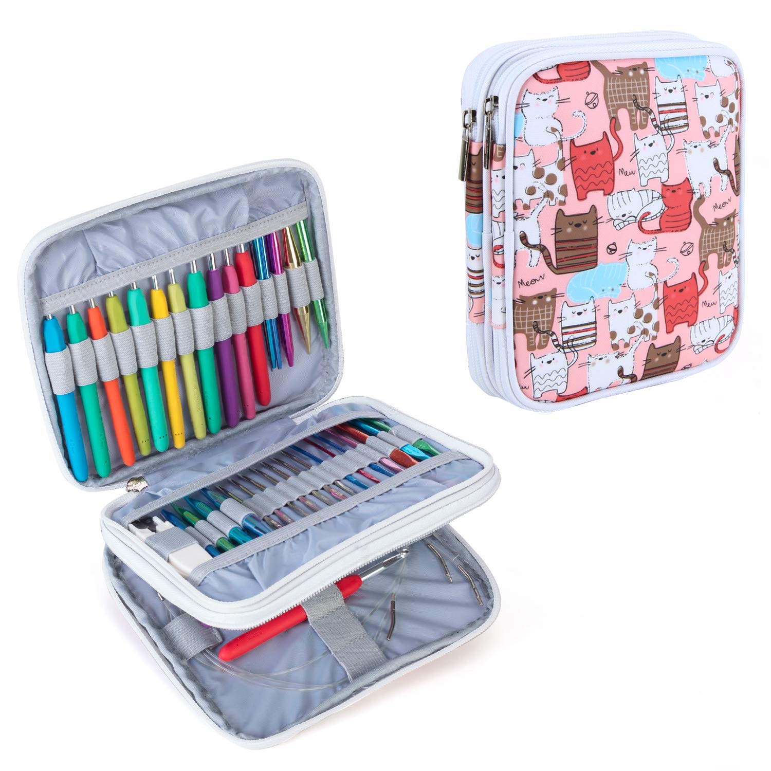 Teamoy Organiser Case for Interchangeable Circular Knitting Needles, Crochet Hooks and Knitting Accessories, Keep All in One Place and Easy to Carry, Cats Pink (No Accessories Included)