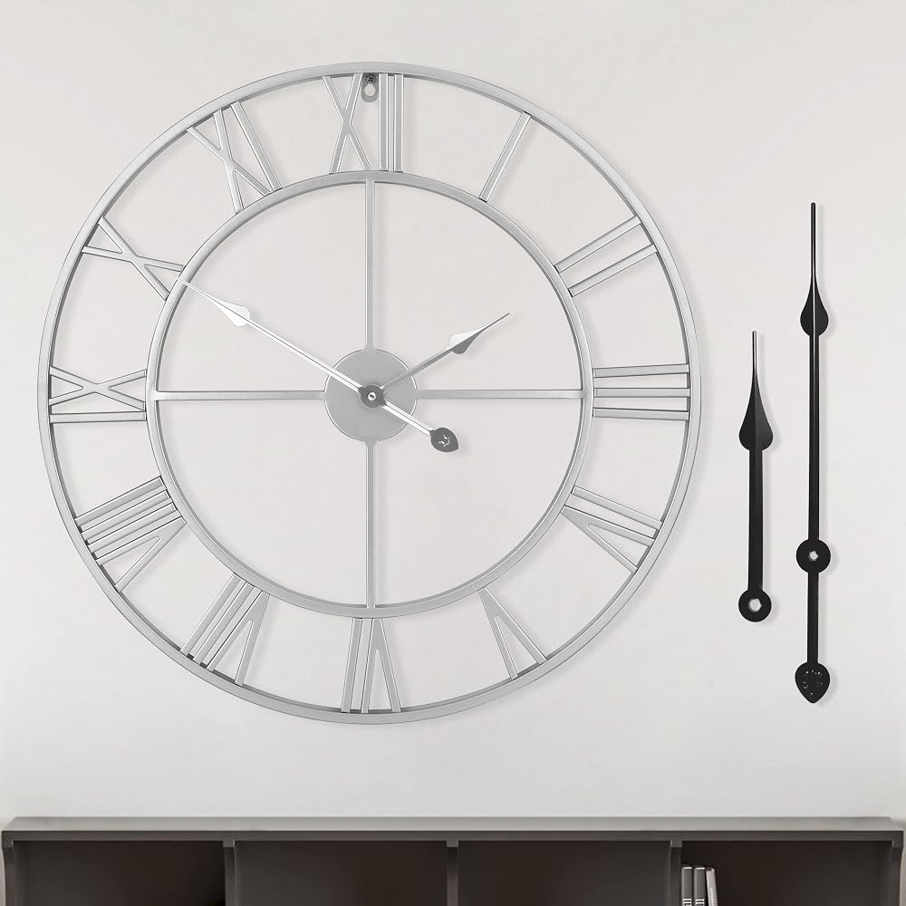 HAITANG Vintage Silver Wall Clock 40cm Roman Numerals Quiet Battery Operated