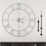 HAITANG Vintage Silver Wall Clock 40cm Roman Numerals Quiet Battery Operated