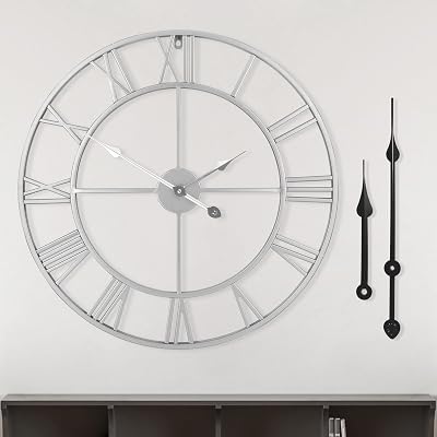 HAITANG Vintage Silver Wall Clock 40cm Roman Numerals Quiet Battery Operated