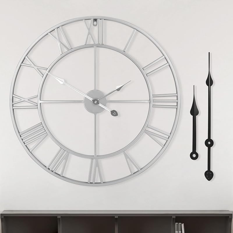 HAITANG Vintage Silver Wall Clock 40cm Roman Numerals Quiet Battery Operated