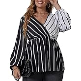 Plus Size Spring Tops for Women V Neck, Wrap Stripe Blouse Lantern Sleeve Casual Business Shirts
