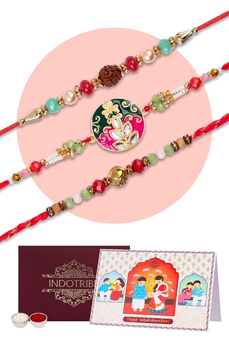 Rakhi Set For Brother – 12 Designer Rakhees With Roli Tilak & Card For Rakshabandhan Festival