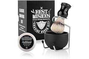 Aethland Shaving Brush Set for Men, 4 in 1 Include 100g Shaving soap, Badger Shaving Brush and Stainless Steel Shaving Stand & Shaving Bowl for Husband Father Birthday Boyfriend Gifts（B White)