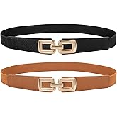 TRIWORKS 2 Pack Women Skinny Elastic Waist Belt for Dress Ladies Thin Stretch Belt with Gold Buckle