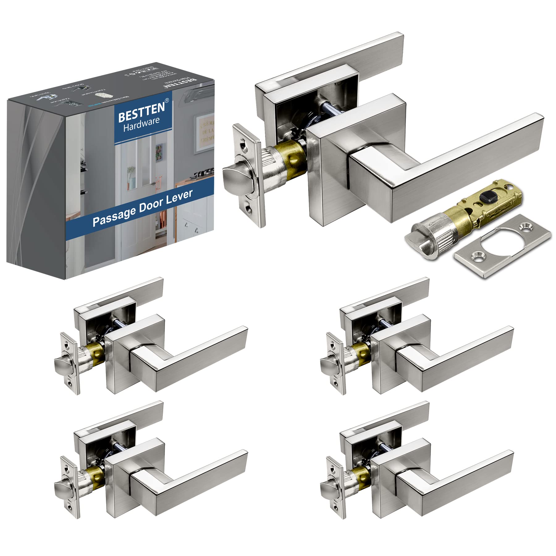 Photo 1 of BESTTEN Square Passage Door Lever for Hallway and Closet, Keyless Door Handle with Removable Latch Plate, Modern Satin Nickel Interior Door Lever, 5 Pack