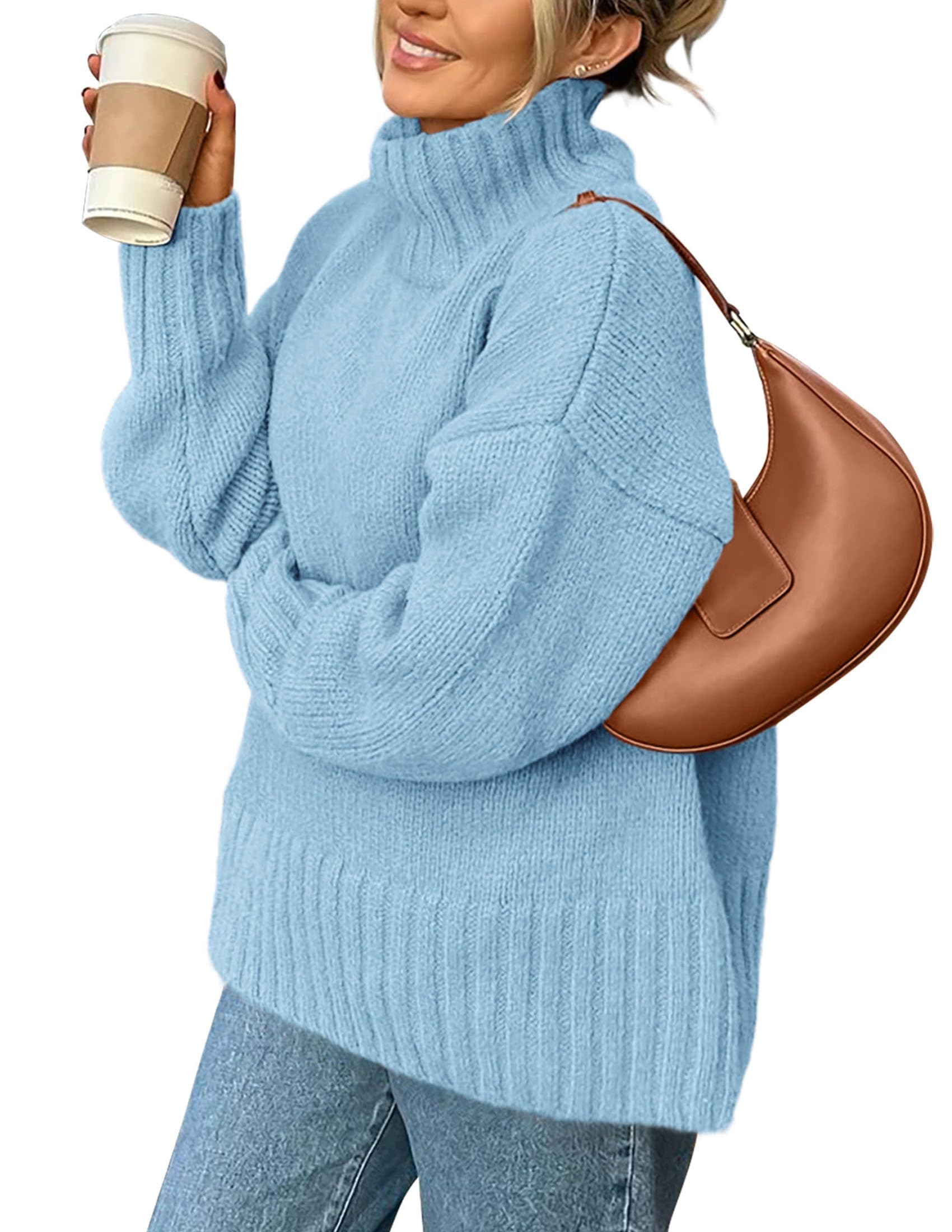 Photo 1 of ***HAS FABRIC SNAGS** PRETTYGARDEN Women's 2025 Fall Oversized Sweaters Turtleneck Casual Long Sleeve Chunky Knit Pullover Tops Winter Clothes (Light Blue,Small)