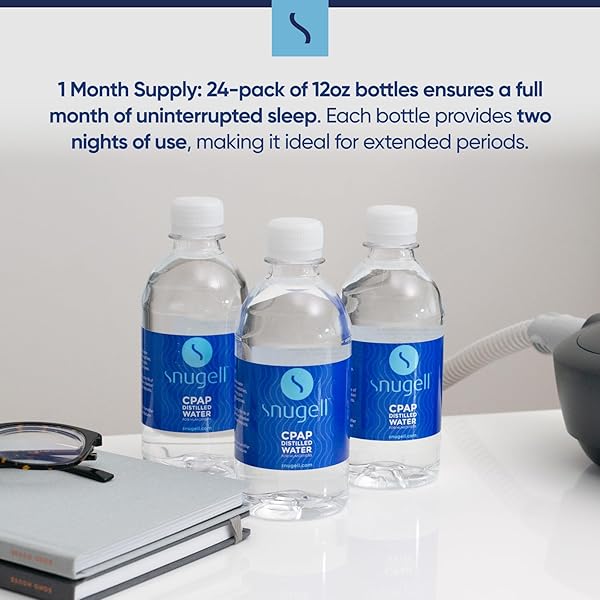 SNUGELL DISTILLED WATER FOR CPAP MACHINES, TRAVEL SIZE BOTTLES (24 -PACK, 12 OZ EACH) – UP TO 1 MONTH SUPPLY – CLEAN, MULTI-USE, TRAVEL-FRIENDLY, MADE IN USA