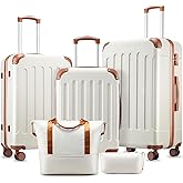 YOETEY Luggage Sets 5 Piece, Hardside Suitcase with Wheels, TSA Approved, White Brown