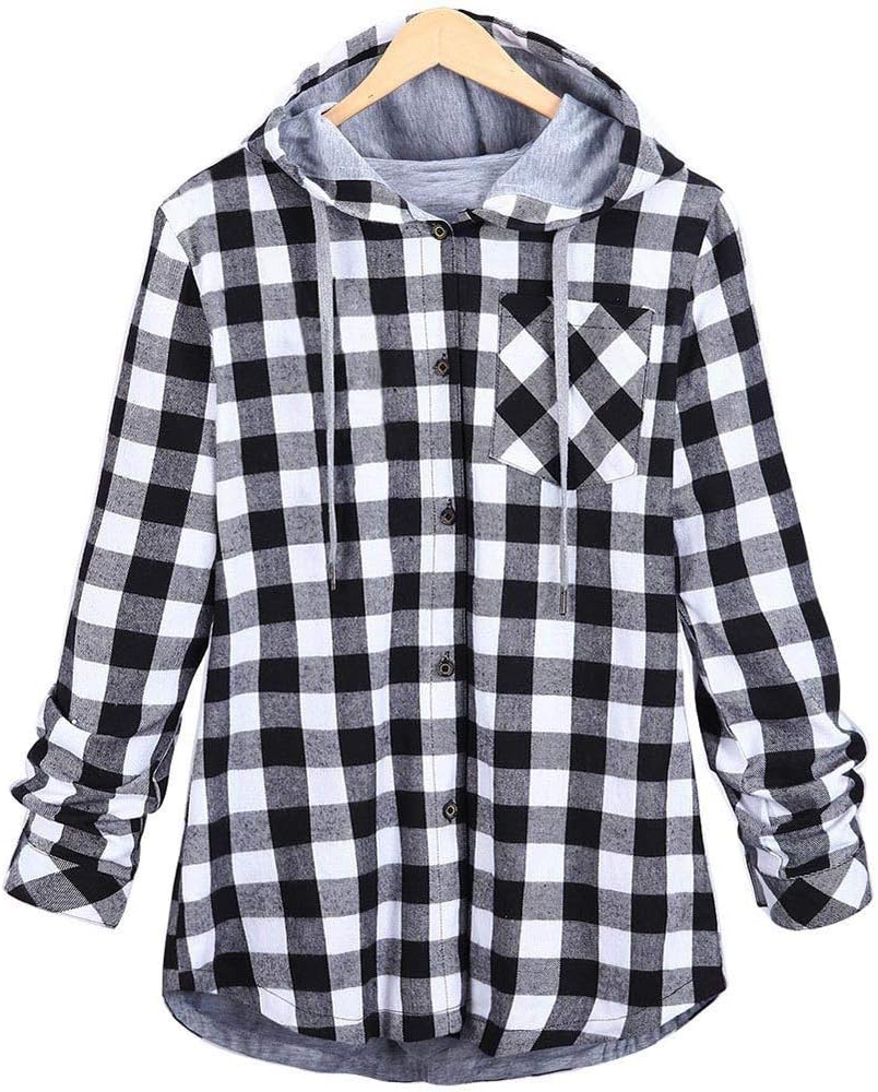 DOLDOA Womens Blouse Autumn Winter Long Sleeve Casual Plaid Hooded Cardigan Fashion Jacket