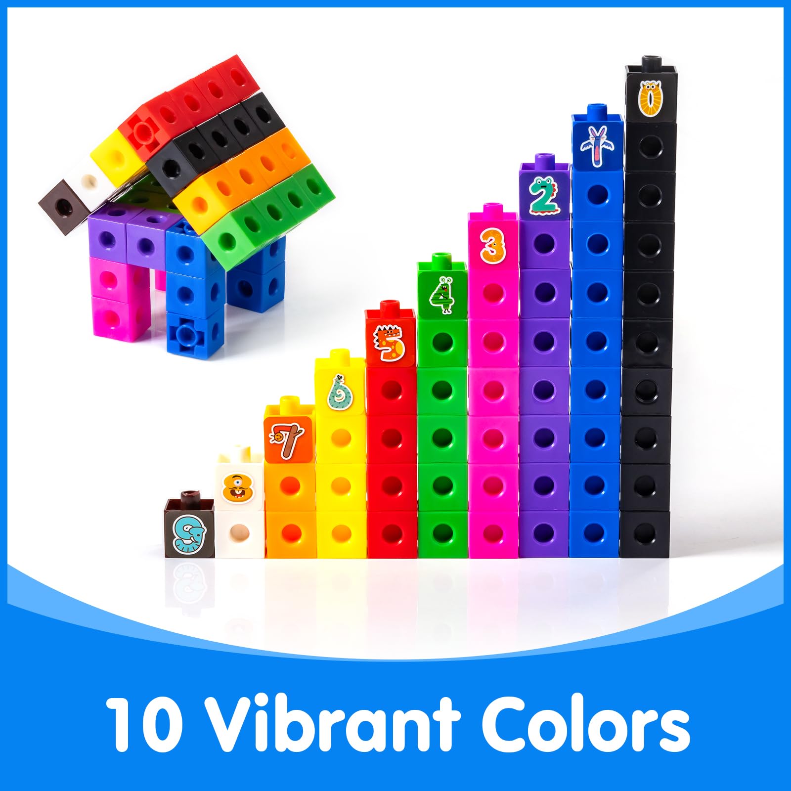 Odoorgames 100 Pcs Math Linking Cubes with 384 Cartoon Stickers – Essential Counting Cubes for Kids Math Learning and Fun Activities