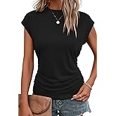Bliwov Womens Summer Tops Cap Sleeve Crew Neck T Shirts Spring Trendy Fashion Outfits Business Beach Vacation Blouses Clothes