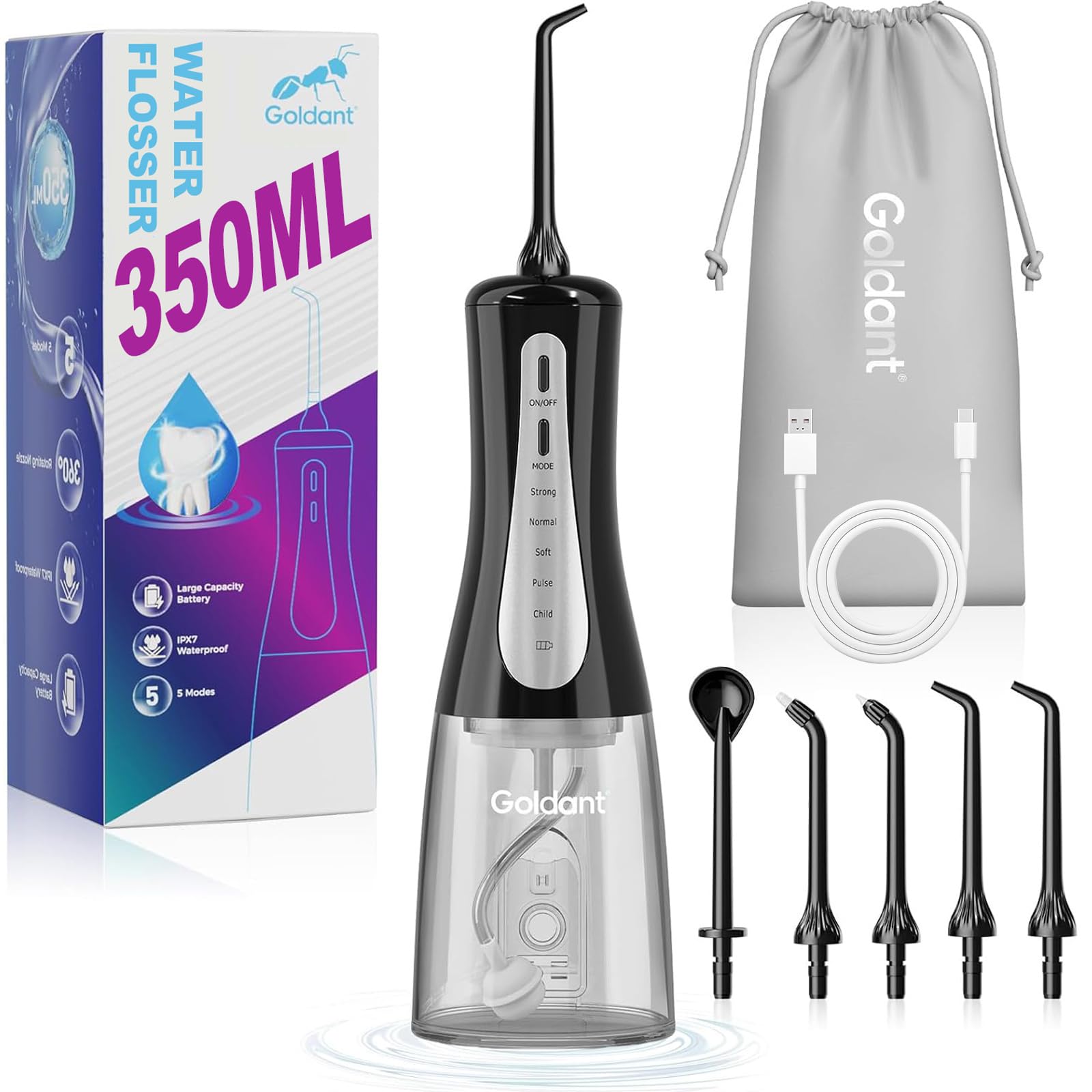 Photo 1 of GOLDANT 350ML Water Dental Flosser Teeth Pick with Travel Bag, 5 Modes Portable Cordless Oral Irrigator Cleaner, Electric Rechargeable IPX7 Waterproof for Home Travel Teeth Cleaning flossing(Black)