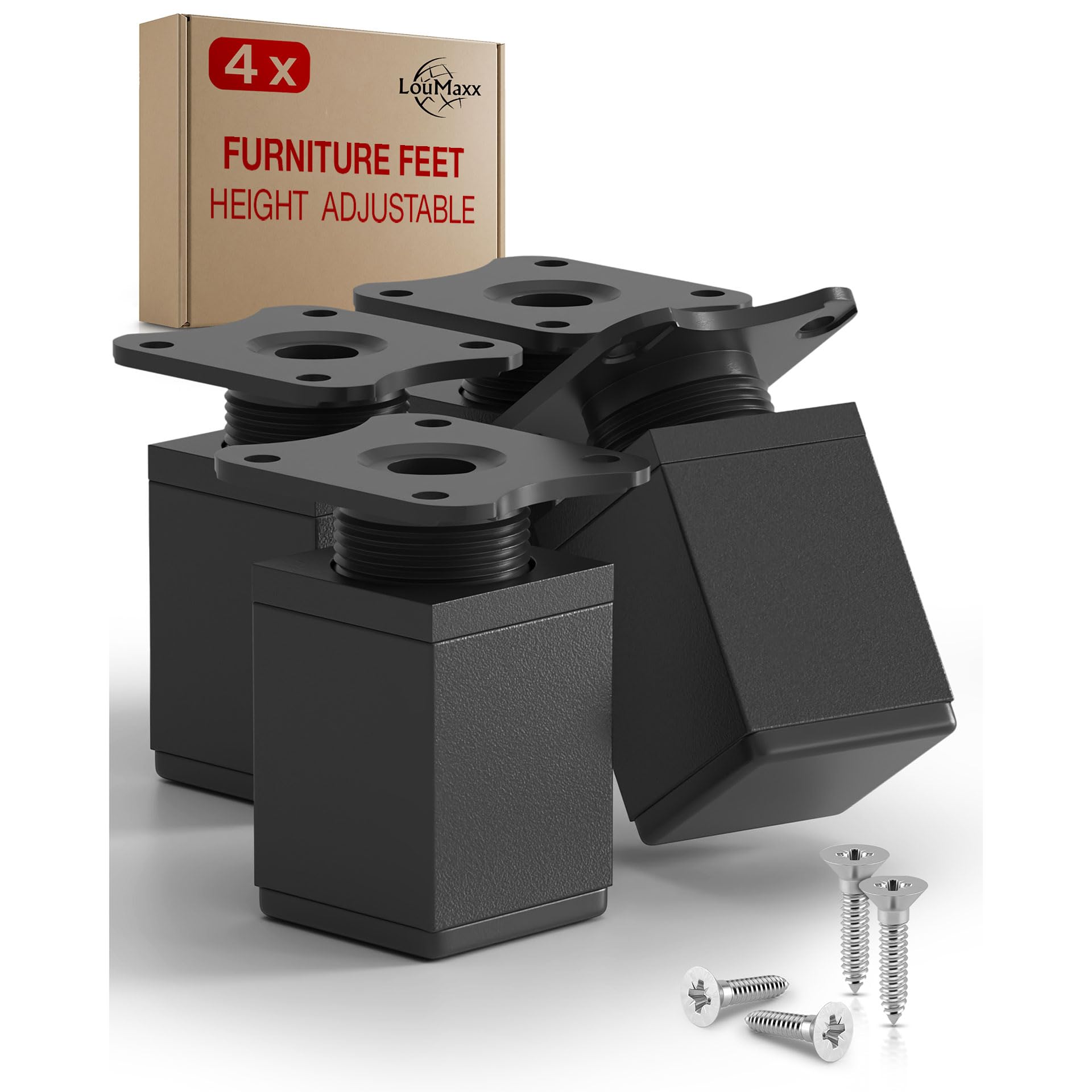 LouMaxx Adjustable Square Furniture Feet - Set of 4-40 x 40 x 60 mm in Black with Mounting Plate - Aluminium Feet - Quality Cupboard Feet for Individual DIY Furniture