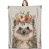 VODRM Cute Hedgehog Blanket Cuddly Pastel Throw Blankets,Gifts for Kids Woman Adult,Lightweight Soft Fleece,Animal Floral Crown Design,for Sofa Couch Bed Room Modern Artistic Decor 50x60in