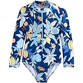 HOOBABE Kids Girls Rash Guard Long Sleeve One Piece Swimsuits Zipper Bathing Suits UPF 50+ Tropical Plant Flowers Ages 3-12