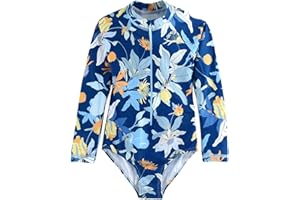 HOOBABE Kids Girls Rash Guard Long Sleeve One Piece Swimsuits Zipper Bathing Suits UPF 50+ Tropical Plant Flowers Ages 3-12