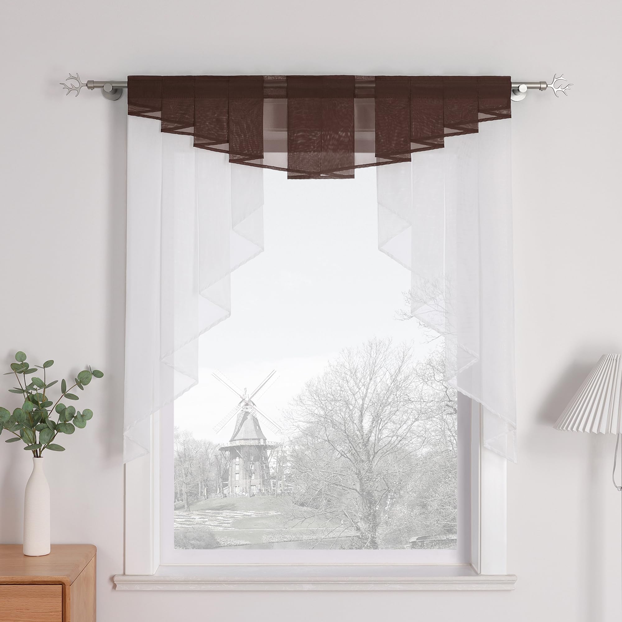 HongYa clear, voile slit curtain, drawstring, short stores, kitchen, small window curtain., Polyester, brown, H/B: 145/140 cm
