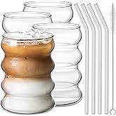 Ework4U 4 Pcs Drinking Glasses with Glass Straw 14oz Glassware Set,Cocktail Glasses,Iced Coffee Glasses,Beer Glasses,Ideal for Water,Soda,Tea,Gift with Cleaning Brushes