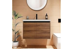 ChicFurnit Bathroom Vanity,Wall Mounted Bathroom Storage Cabinet with Resin Sink & 2 Soft Closing Doors,30'' Floating Vanity Cabinet with 45° Bevel Handle & Below Large Storage Space,Brown